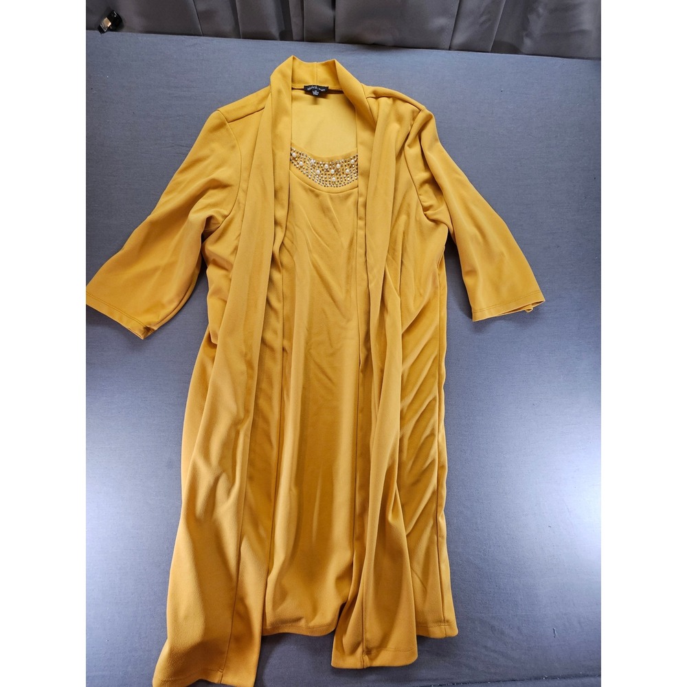 Violet B. Woman 2pc Set Mustard Yellow Pearl Embellished Top & Cardigan 1X
